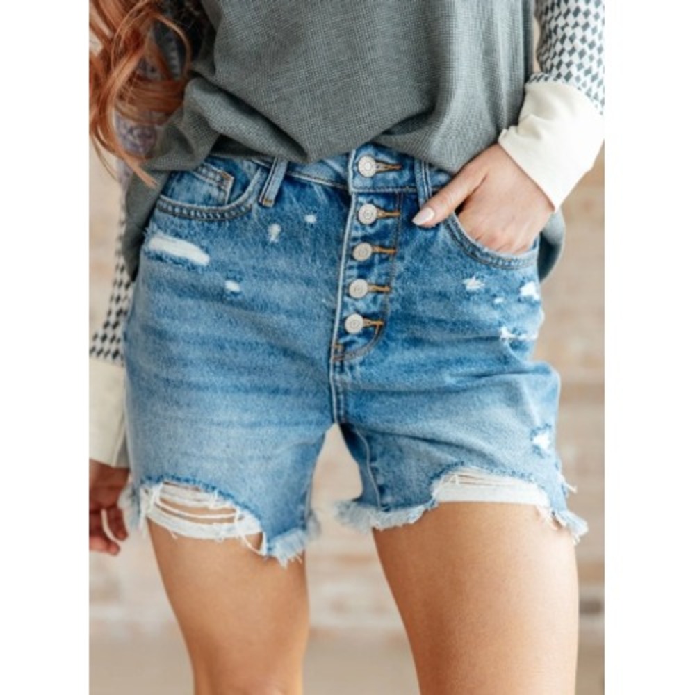 Judy Blue‎ Denim Shorts High Rise Distressed Magic Button Raw Hem Size 1XL